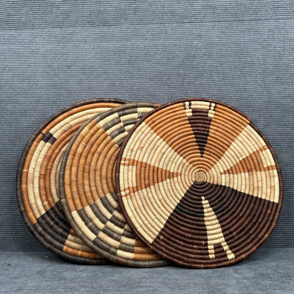 Set of 3 Vintage Woven Boho Wall Baskets Trivets Earth Tone Geometric 11 Inch